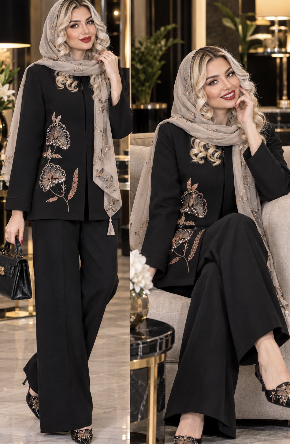 مانتو مجلسی  گلدوزی سنگ شده دستی 7575 مشکی